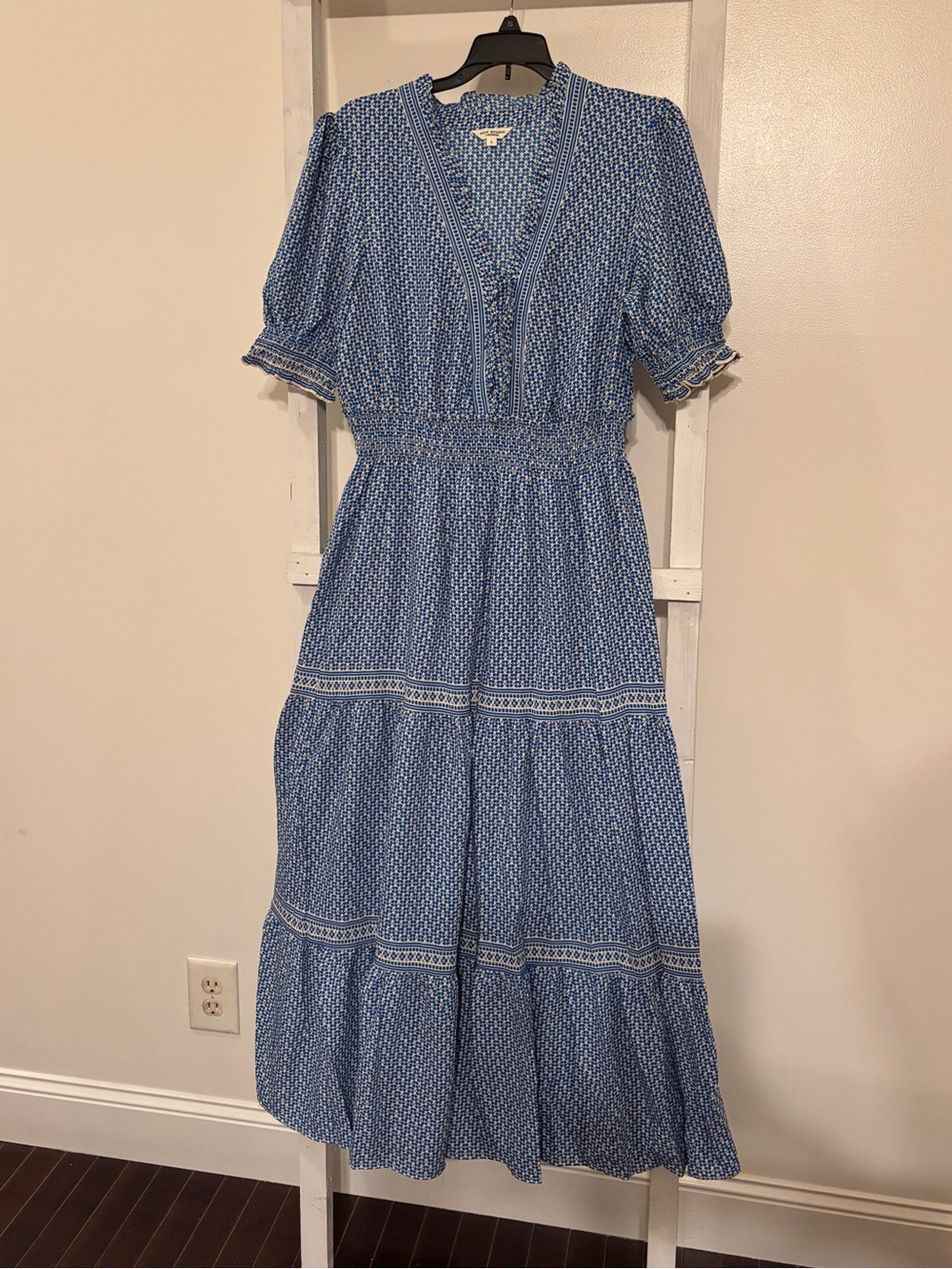 Max Studio Blue Printed V-Neck Smocked Waist Maxi Dress